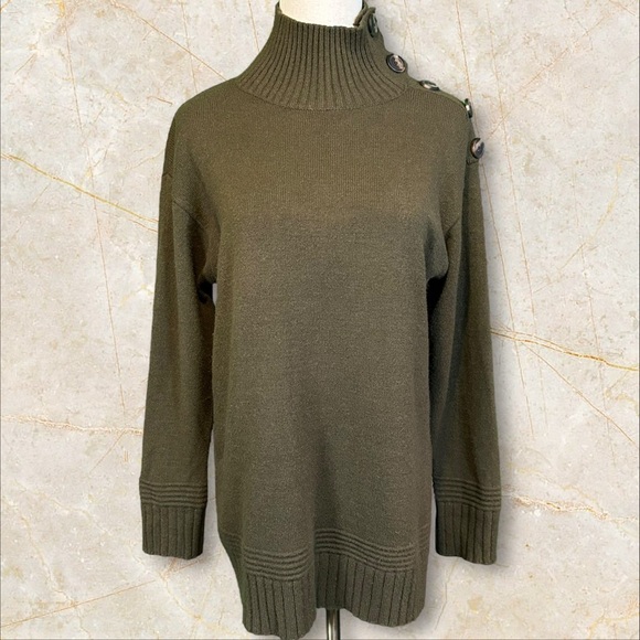 By Anthropologie ‘Margarita’ Button-Up Shoulder Tunic Sweater in Olive Green XS - Picture 2 of 16
